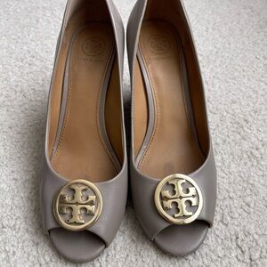 Tory Burch Gray Peep-Toe Wedges